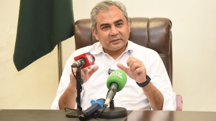 Interior Minister Mohsin Naqvi addressing media about action against illegal property occupation in Islamabad