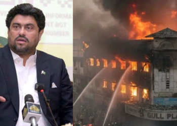 Rescue teams conducting operation at Gul Plaza Saddar after deadly fire incident