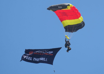 T20 World Cup trophy descending by parachute during Sri Lanka vs England match in Colombo