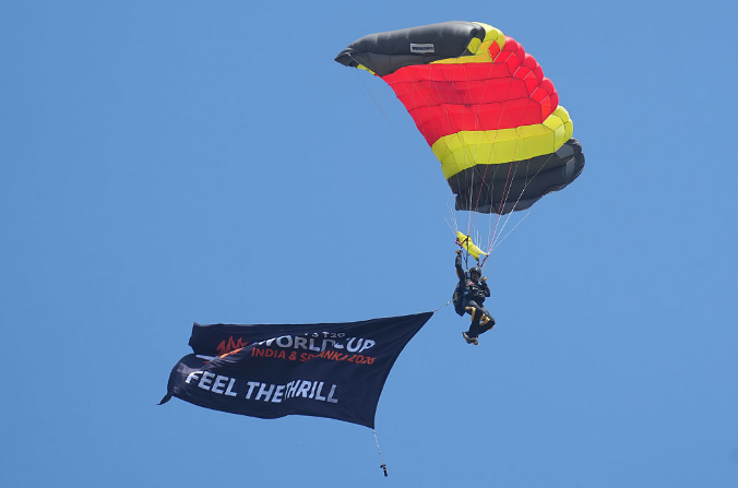 World Cup 2026 T20 World Cup trophy descending by parachute during Sri Lanka vs England match in Colombo