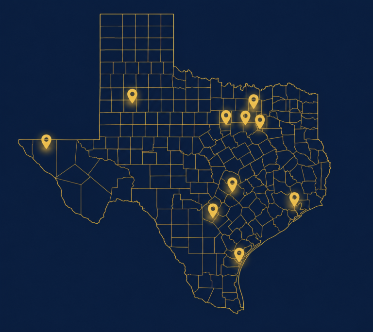 Texas defensive driving course locations map showing Houston, Dallas, Austin, San Antonio, Fort Worth, Arlington, Corpus Christi, Plano, Lubbock and El Paso.